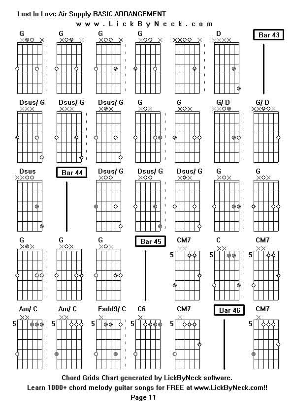 Chord Grids Chart of chord melody fingerstyle guitar song-Lost In Love-Air Supply-BASIC ARRANGEMENT,generated by LickByNeck software.